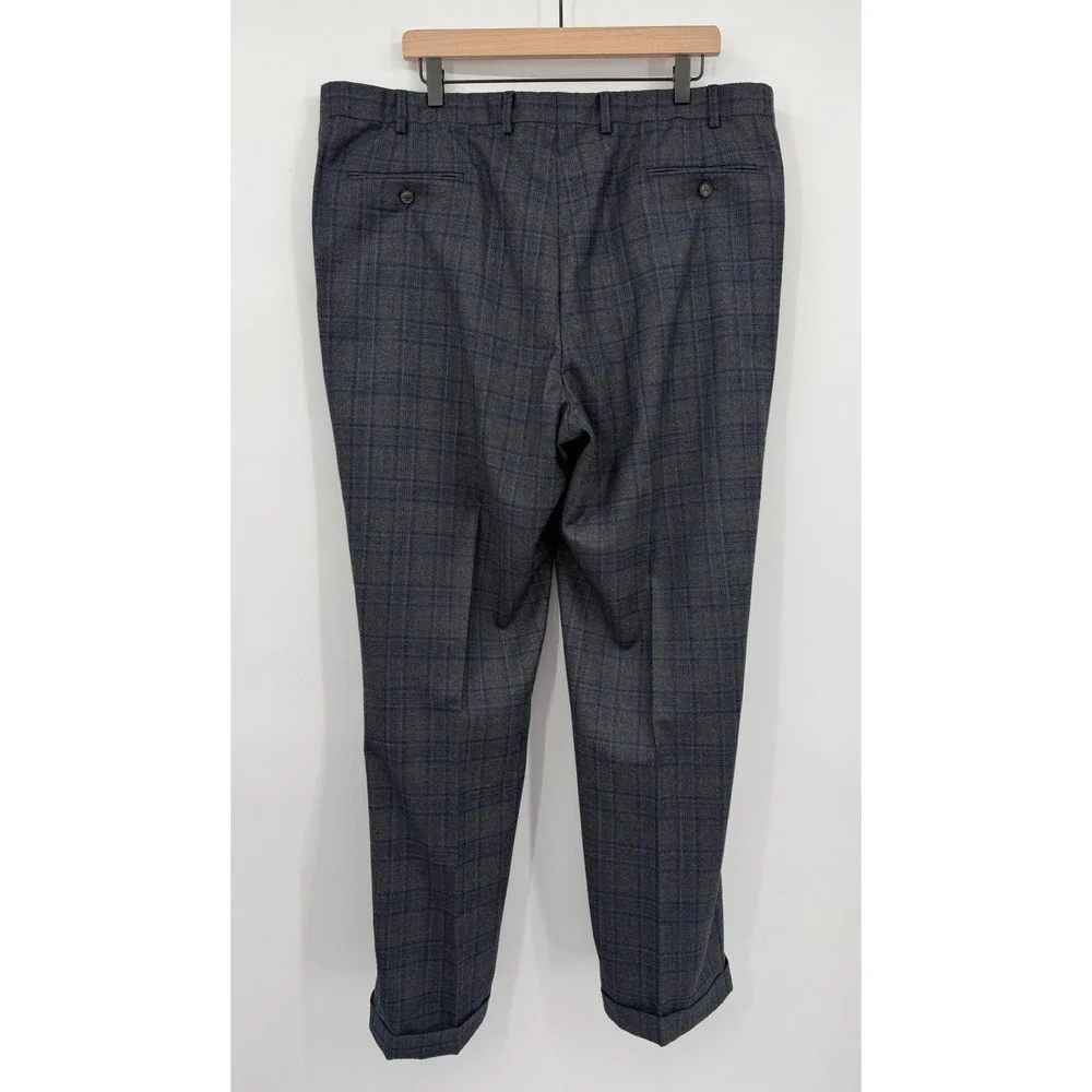 Hart Schaffner‎ Marx Dress Pants Mens 42R Gray Blue Plaid Pleated Cuffed Wool